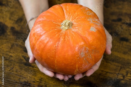Mains présentant potimarron orange entier
