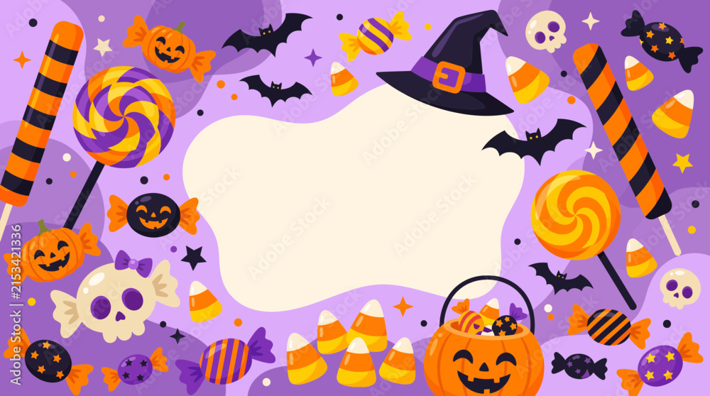 Fototapeta premium Spooky halloween candy frame with pumpkin and witch hat
