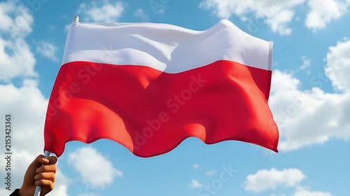 Polish National Flag Waving Against Blue Sky with Clouds