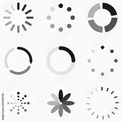 Set of Black and White Circular Loading Icons for UI Design