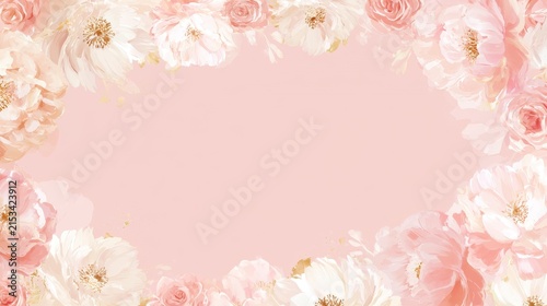 Romantic pink floral frame with peonies and roses for invitation design