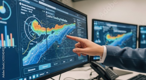 Close-up of a hand pointing at a complex coastal flooding prediction graph on a digital monitor, showcasing climate analysis and forecasting technology.