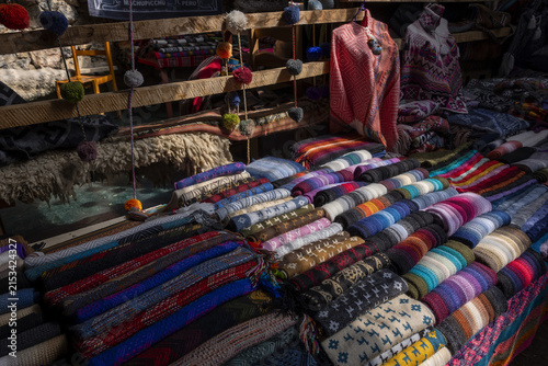 Clothing made from alpaca wool at the Chincheros market in Cusco