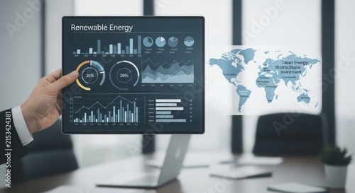 Computer monitor displaying renewable energy data analytics with global map in office setting