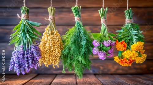 Colorful bundles of wildflowers and herbs hanging from a rustic wooden branch, illuminated by natural sunlight in a charming farmhouse setting.
