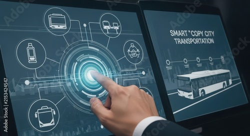 Engineer's hand interacting with a smart city transportation digital interface, showcasing advanced urban mobility concepts.