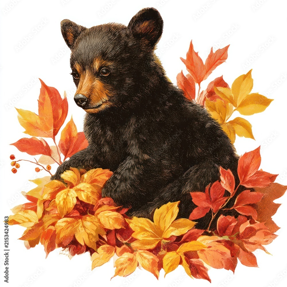 Obraz premium Cute bear cub with autumn leaves in watercolor style