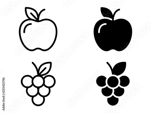 Apple and grape fruit icons set in outline and solid vector styles