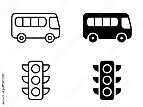 Bus and traffic signal silhouette icon collection with transportation