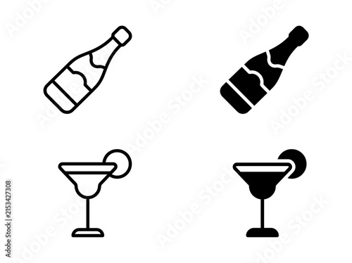 Champagne bottle and margarita cocktail drink vector icon set