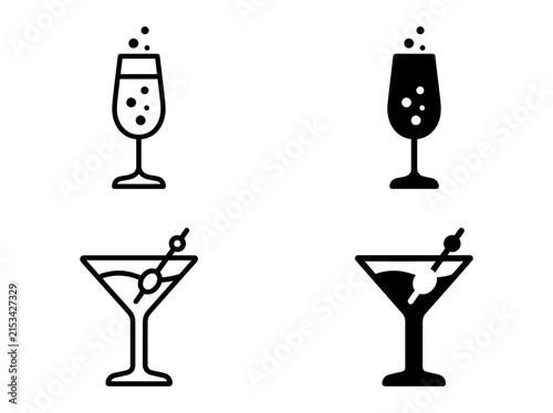 Cocktail and champagne glass icon set for bar and party beverage