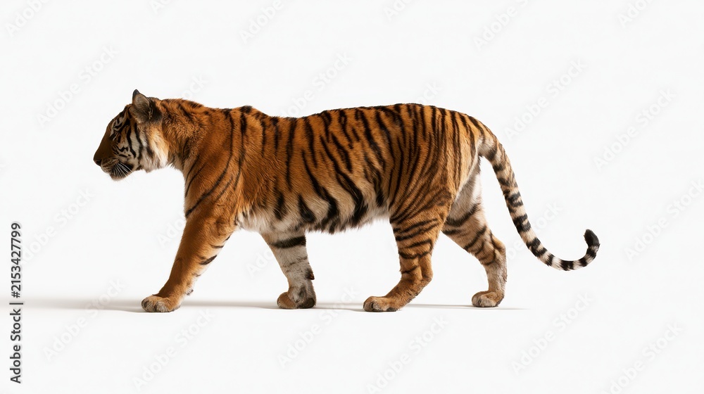 Fototapeta premium Side view of tiger walking away on a clean white background