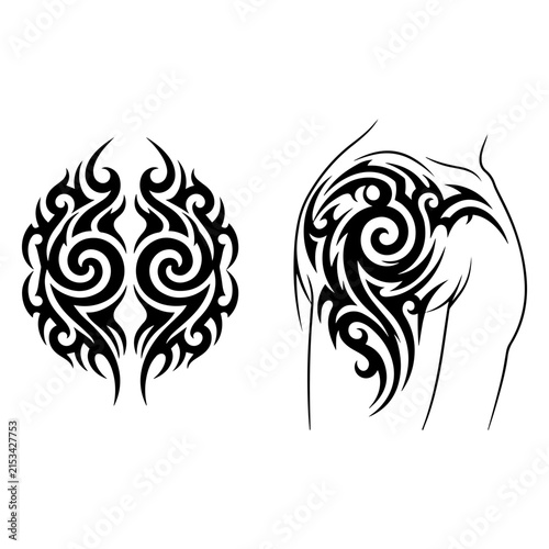 Black tribal design adorns shoulder and arm. Bold swirls form flowing, symmetrical patterns. Elegant lines suggest strength and cultural heritage. Ideal for tattoos, fashion, or body art designs