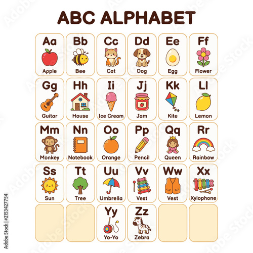 English alphabet flash card.ABC for kids.A to Z for children education.Kindergarten or preschool concept.Flashcards with cute characters.Learn to read.Words and pictures.Cartoon vector illustration.