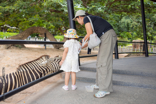 Foto A Child and Mother Feeding a Zebra at an Open Zoo Enclosure,A heartwarming candi