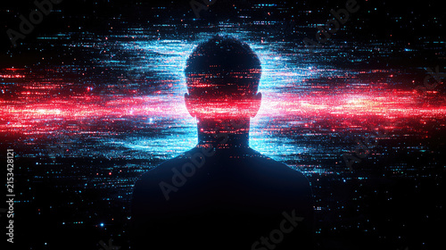 Digital Human Silhouette with Glitching Data Stream, Abstract Futuristic Technology Concept