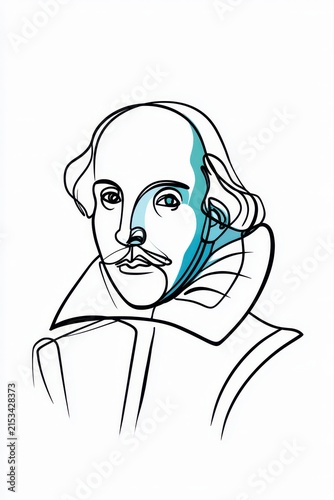 Single-line portrait sketch of a historic writer with a ruffled collar and subtle color highlights