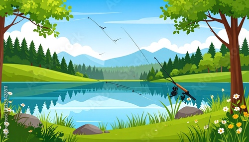 Serene Lakeside Fishing Scene with Rolling Hills and Mountains.