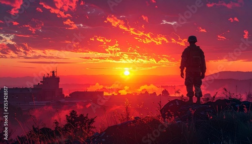 Silhouette of a Soldier Standing on a Hilltop Watching a Fiery Sunset.