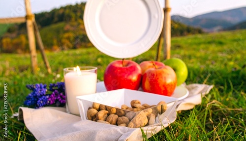 Outdoor Picnic Setting with Apples Nuts and Candle.