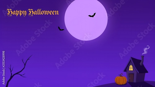 Happy halloween background, featuring a small, house with a, glowing window, smoke, a bare tree, and bats flying, under a large, purple full moon