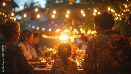 People enjoying a festive outdoor dinner party illuminated by warm string lights.