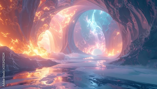 Mystical Cave Entrance with Fiery and Electric Energy.