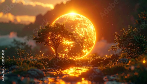 Mystical Glowing Orb Rises Over Serene Landscape at Sunset.