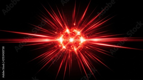 A realistic intense crimson red light flare effect on a pure black background, featuring a glowing fiery point of light at the center with dramatic horizontal rays and sharp radial energy beams extend
