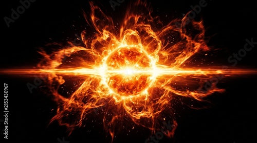 A realistic fiery orange and red light flare effect on a pure black background, featuring a blazing sun-like glowing core at the center with intense horizontal heat rays and sweeping radial solar flar