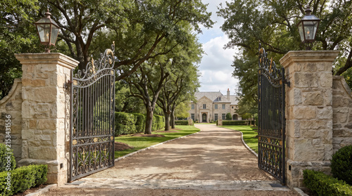 Open decorative estate gate welcoming visitors to elegant luxury mansion. Prestigious residential entrance featuring stone pillars, landscaped driveway and timeless architectural charm.