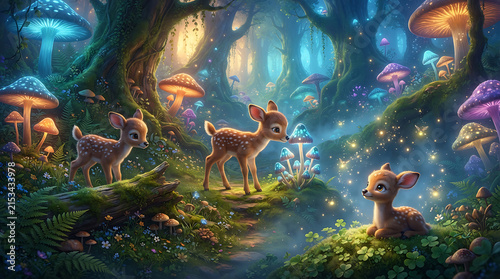 Cute baby deer in a mystical glowing mushroom forest at night