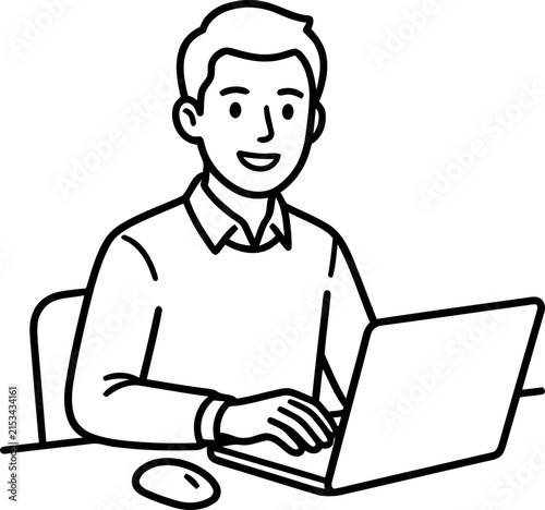 Smiling man working on laptop computer at desk, line drawing illustration.