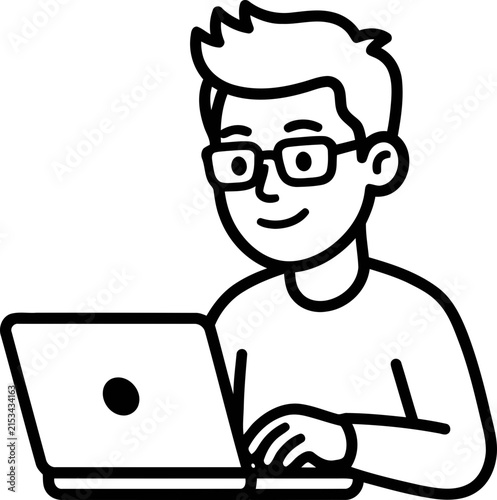 Man with glasses working on laptop computer, online learning or remote work concept, cartoon illustration