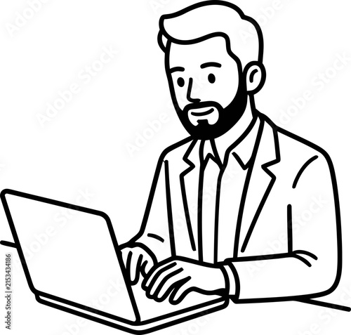 Bearded businessman typing on laptop, modern office work, minimalist illustration