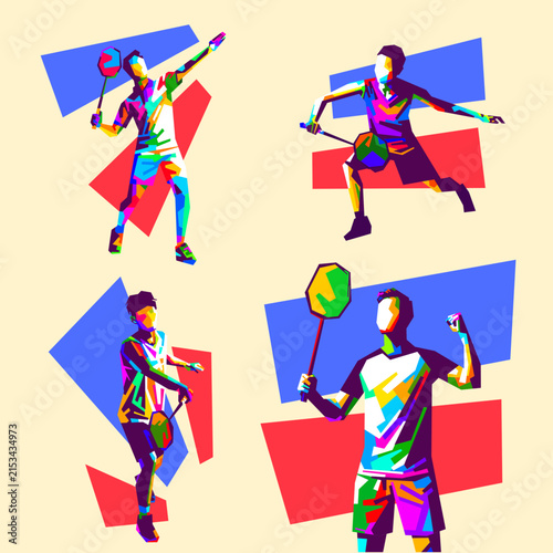 Collection of vibrant vector illustrations of badminton players in various action poses in WPAP pop art style featuring colorful geometric designs.