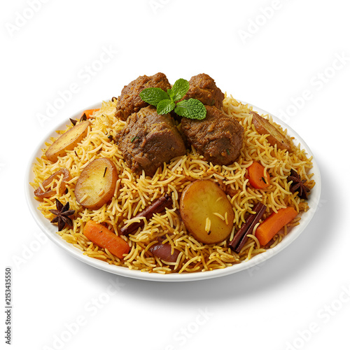 Indian lamb biryani with meatballs and mint