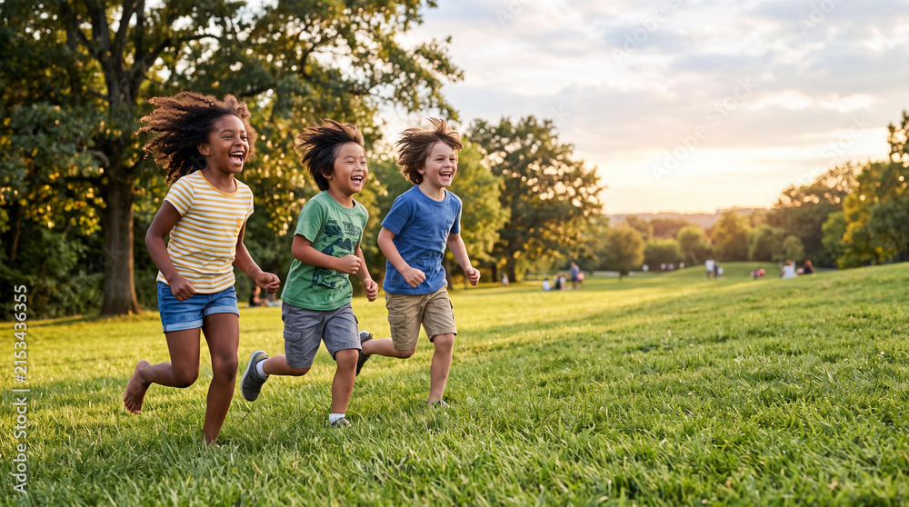 Fototapeta premium Children Running in a Sunny Park