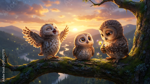 Three adorable baby owls perched on a branch at sunset