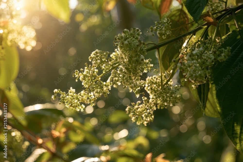 Fototapeta premium Sunlit Kratom blossoms amid green foliage in a tropical forest