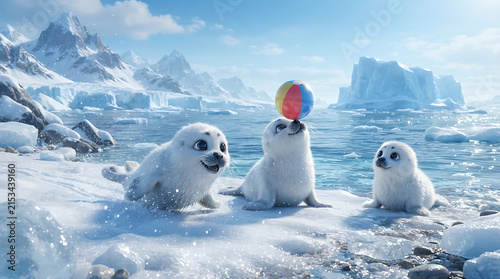 Cute baby seal pups playing with a colorful ball on ice