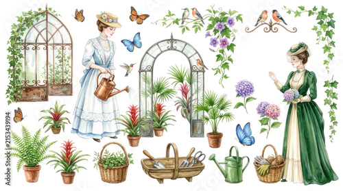 Victorian garden clipart collection, vintage fashion, floral elements, butterflies and birds, gardening tools, lush greenery, elegant women, old-fashioned style, floral patterns, nature appreciation