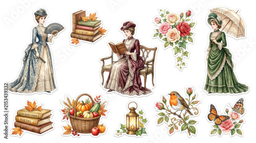 Victorian fashion, vintage lifestyle, floral romance, autumn harvest, historical elegance, classic literature, retro design, seasonal decor, clipart collection, sticker set