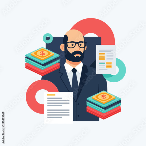 Successful Businessman or Financial Advisor with Wealth Assets and Document Reports