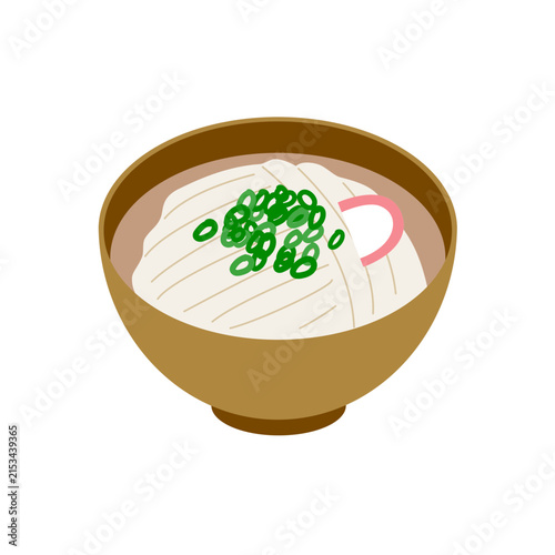 ネギとかまぼこが乗った温かいうどんの主線なし表現