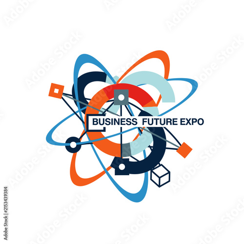 Abstract Business Future Expo Logo Featuring Atomic Orbits and Connectivity Nodes