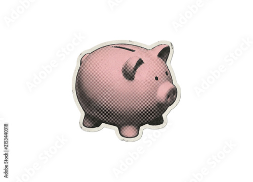 Fotografía Pink piggy bank graphic with halftone dot texture, in a retro cut-out sticker st