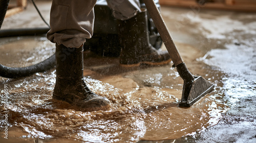 Worker vacuuming muddy water from a concrete floor. Professional disaster cleanup and flood restoration concept.