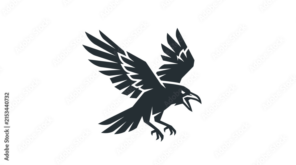Fototapeta premium Crow diving aggressively with wings spread wide in a striking graphic design format suitable for modern branding and mascot use.
