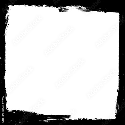 Dirty grimy black acrylic paint frame design with heavy rough brush stroke border texture. Grungy hand drawn square photo mask overlay background layout for urban artwork presentation.